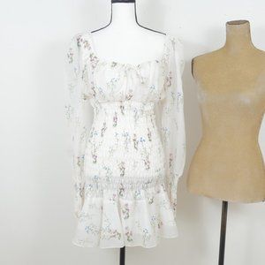 Nasty Gal Pink  Wild Flower Floral Puff Sleeve Elastic Middle Ruffle SZ 4 Dress